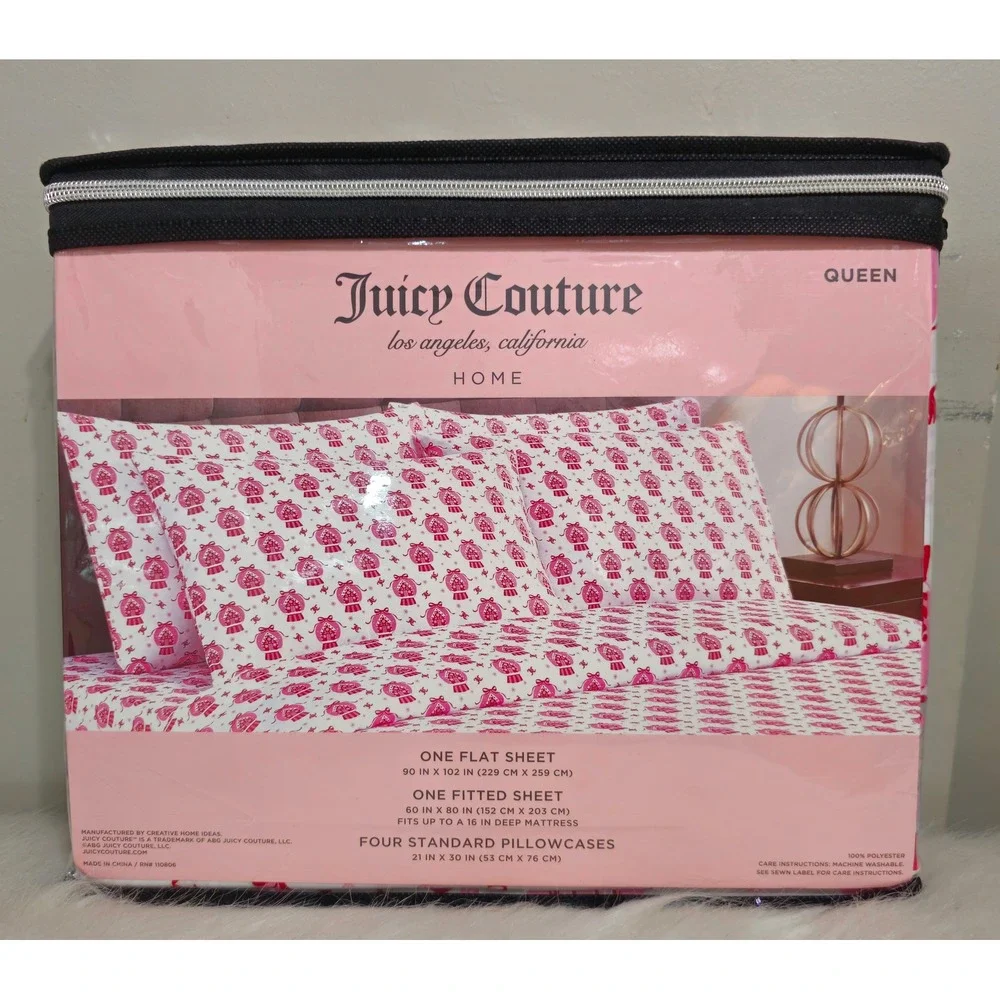 Juicy Couture Christmas Queen Sheet Set Snow Globe Pink White Red Bedding NWT
